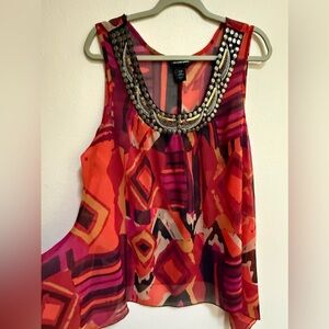 Lane Bryant Sheer Embellished Multicolor Sleeveless Blouse Coverup Asymmetrical